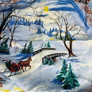 Vintage Japan Winter Scene Scarf Horse Sleigh Ride Snow Country Home Rayon 28”